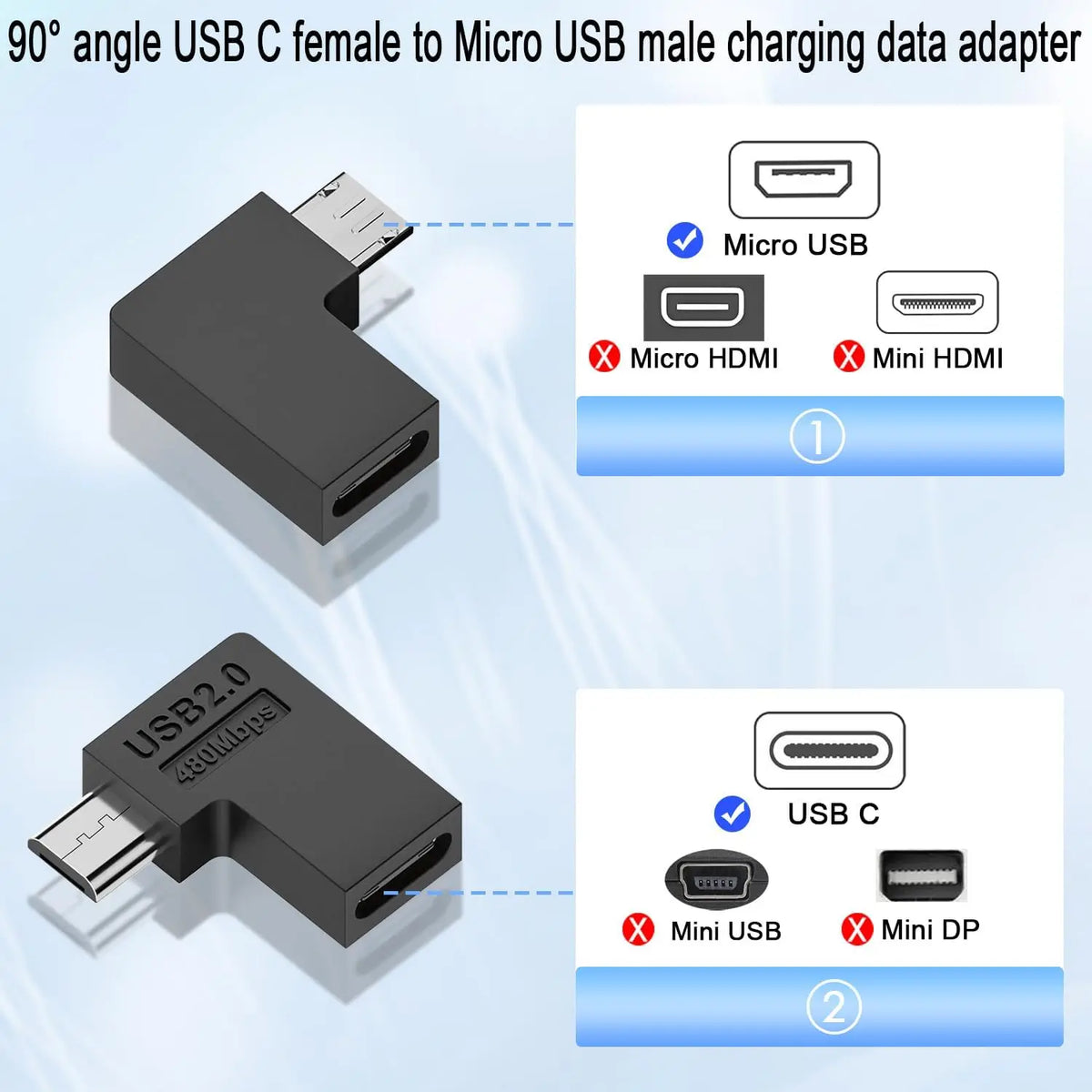 2/4 PCS USB Type C Female to Micro USB Male L Shape Bend Convert Connector for Phone MP3 Camera Charging or Data Transfer.