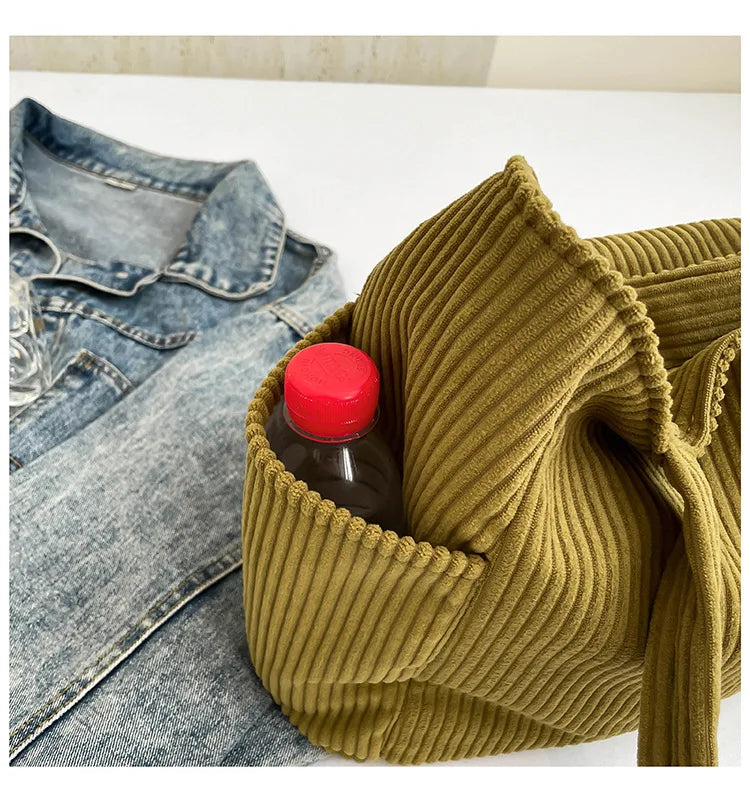 Corduroy Women Bag Fashionable Large Capacity Handbag Shoulder Bag Versatile Artistic Retro Student Class Bag with Zipper Pocket