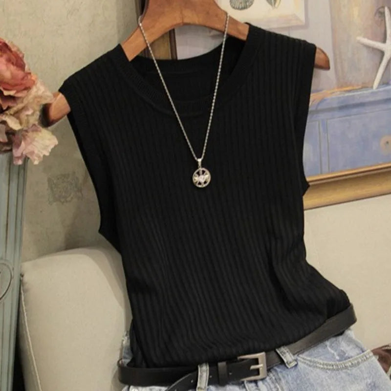 zjaiss 2026 Summer New Fashion Knitted Vests O-neck Sleeveless Casual Thin Tops Sleeveless Blouse Women Shirt