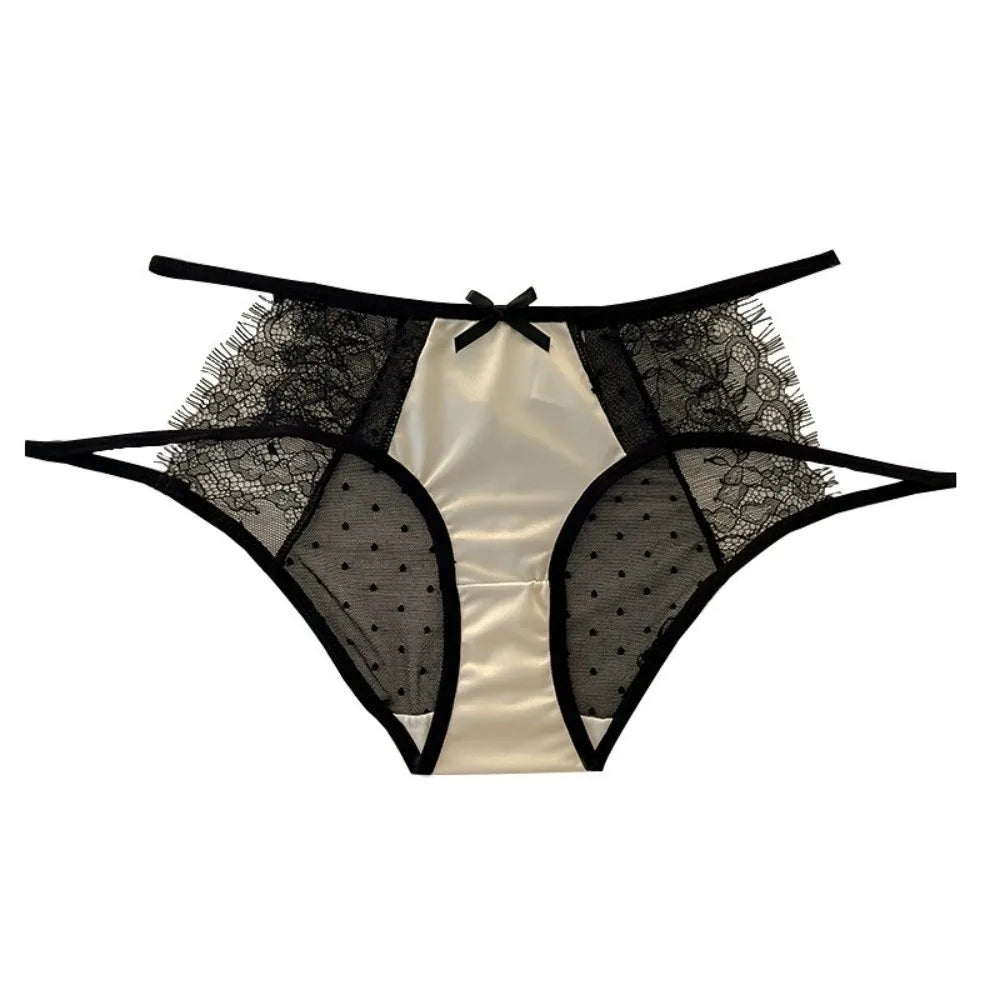 Cute Low Waist Underwear for Women Bow Transparent Sweet Lace Panties Hollow Mesh Satin Silk Briefs Female