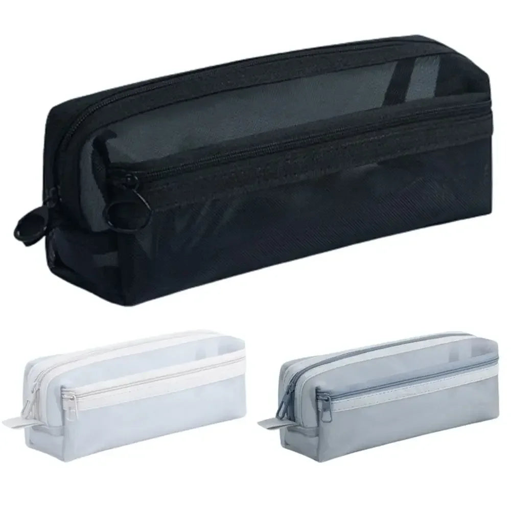 Double Layer Mesh Pen Bag Large Capacity Transparent Stationery Storage Bag Multifunctional Zipper Exam Supplies Organizer