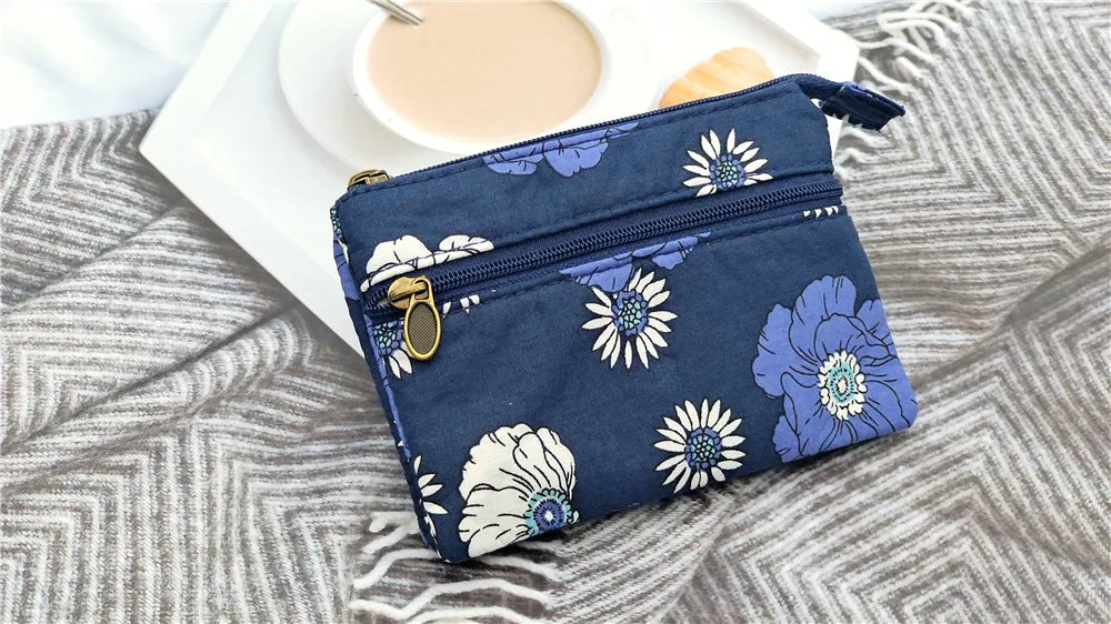 New Fashion Flower Multi-layer Cotton Fabric Coin Purse Women Card Wallet Small Change Bag Retro Canvas Female Hand Purses Pouch