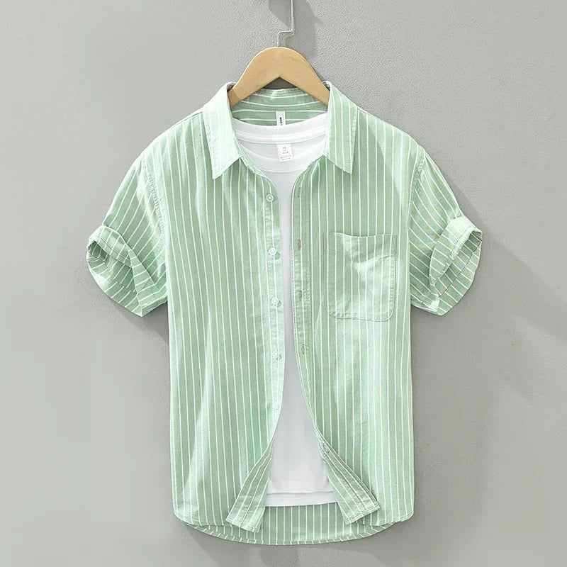 Green Striped Short Sleeve Shirts for Men Casual Turn-down Collar Tops Man Summer New Fashion Button Up Shirt Clothing
