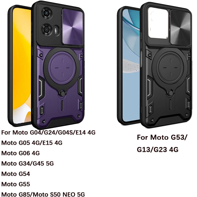 For Motorola Moto G24 G04S E14 G05 E15 G06 G34 G45 G35 G53 G13 G23 G54 G55 G85 S50 NEO Armor Slide Magnetic bracket phone case