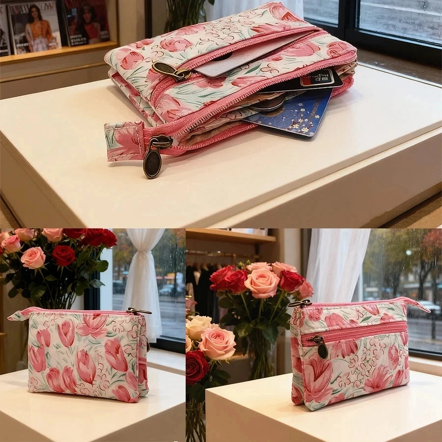 New Fashion Flower Multi-layer Cotton Fabric Coin Purse Women Card Wallet Small Change Bag Retro Canvas Female Hand Purses Pouch