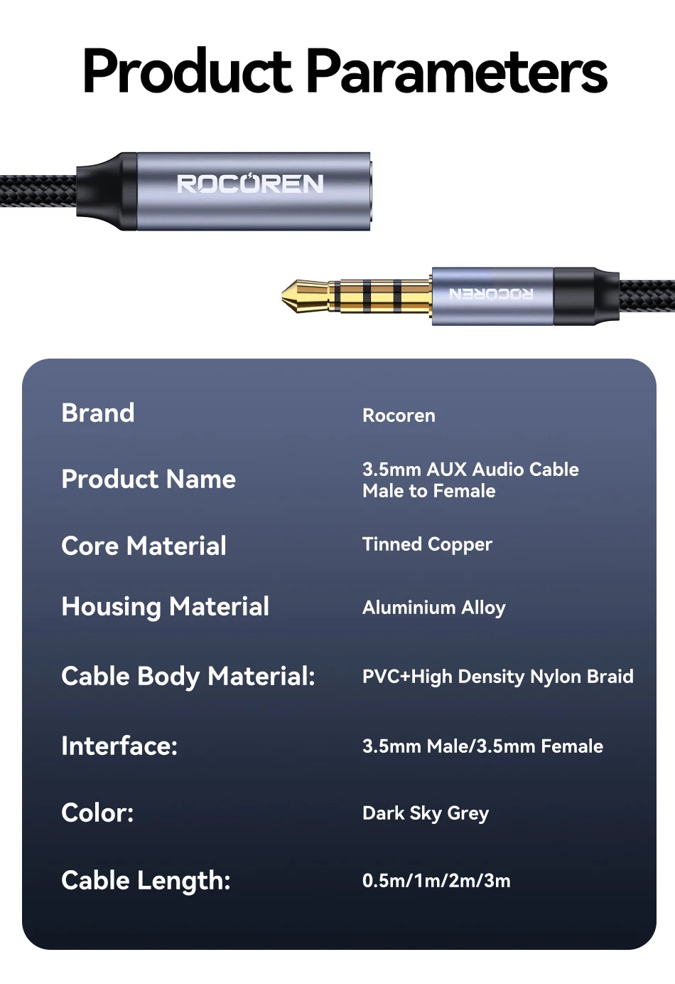 Rocoren AUX Cable 3.5mm Jack Male to Female Audio Extension Speaker Cable Converter for Phone Headphones Laptops Tablets Adapter