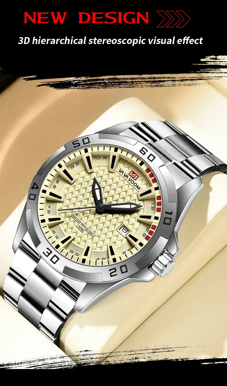 Stainless Steel Men Quartz Watch Business Fashion 45mm Calendar Clock Silver Sports 3Bar Waterproof Gift Wristatch for Men Reloj