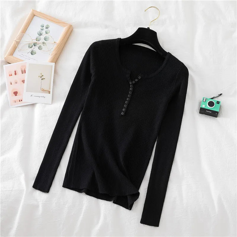 2026 Autumn Winter Button V Neck Sweater Women Basic Slim Pullover Women Sweaters And Pullovers Knit Jumper Soft Warm Tops