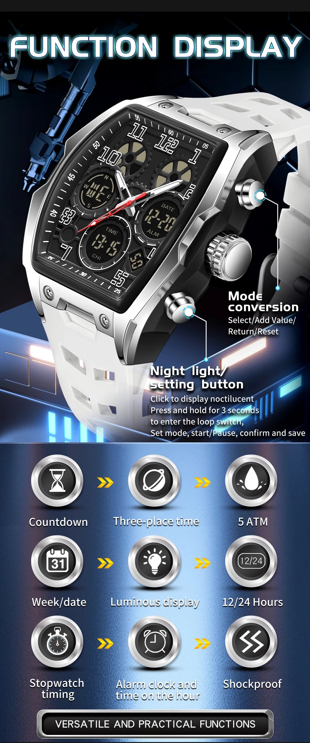 SANDA Fashion Men's Sports Electronic Watch Multi functional Date Countdown Waterproof LED Night Light Men's Electronic Watch