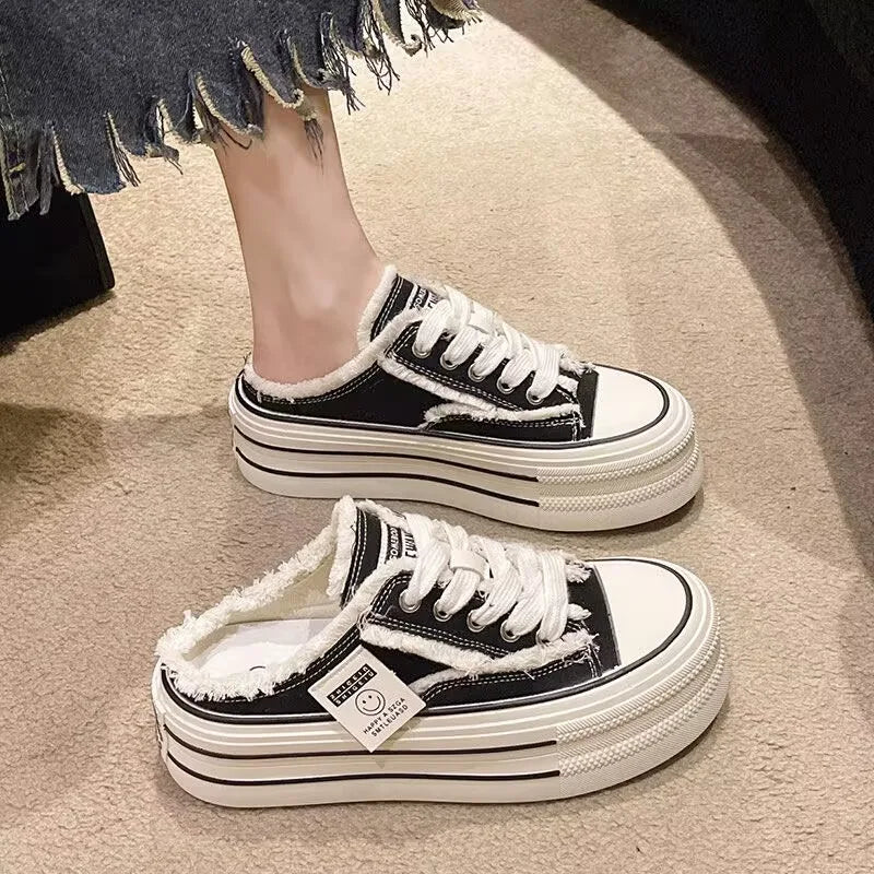Women's Baotou Slippers Autumn New Round Head Lace-up Canvas Shoes No Heel Lazy Thick Sole Half Drag