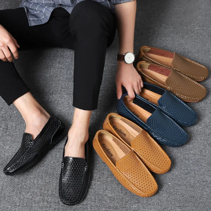2026 Summer Men Casual Shoes Luxury Brand Genuine Leather Mens Loafers Moccasins Hollow Out Breathable Slip on Driving Shoes
