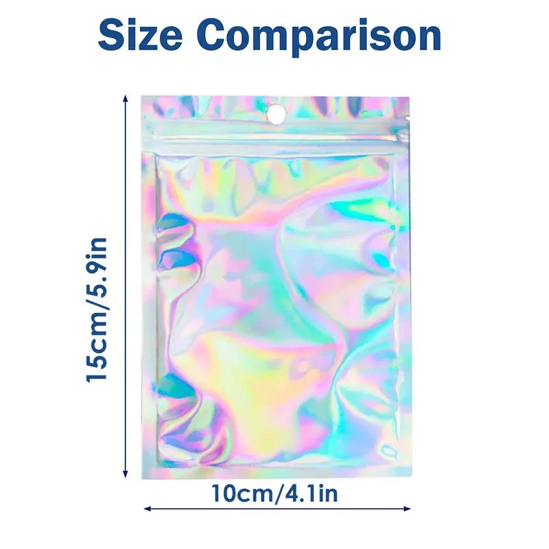 100pcs Holographic Resealable Mylar Bags Ziplock Candy Suger Tee Jewelry Beauty Storage Bag