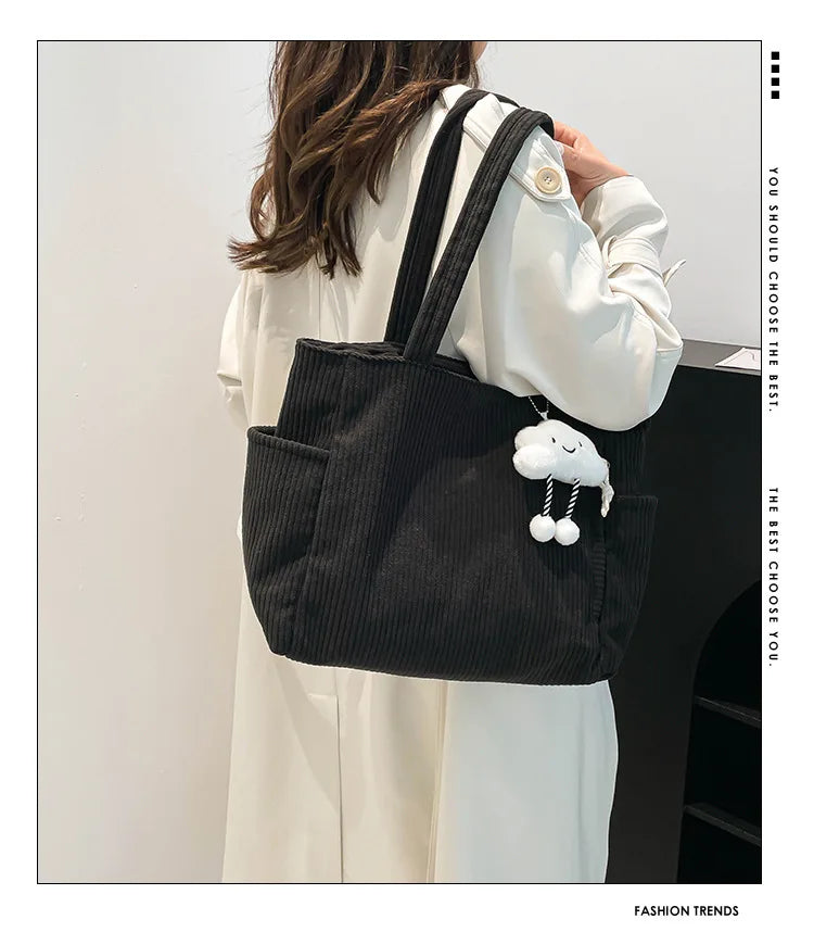 Corduroy Women Bag Fashionable Large Capacity Handbag Shoulder Bag Versatile Artistic Retro Student Class Bag with Zipper Pocket