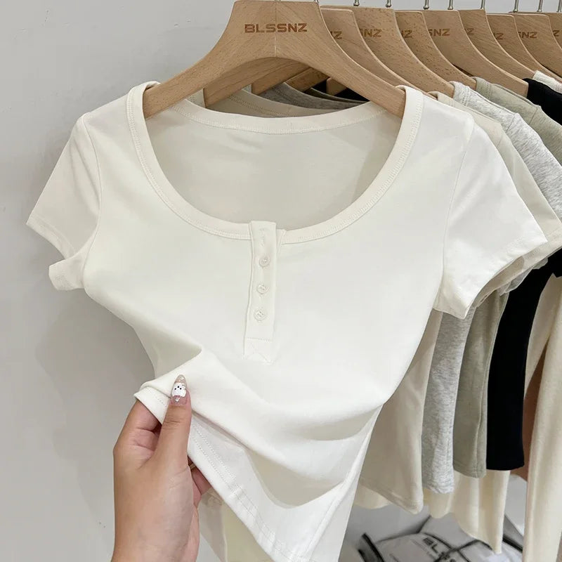 Women T Shirt Button T-Shirt Woman Clothes Tops Cotton Slim Tshirt Female Short Sleeve Top Summer Tee Sexy Canale Y2k
