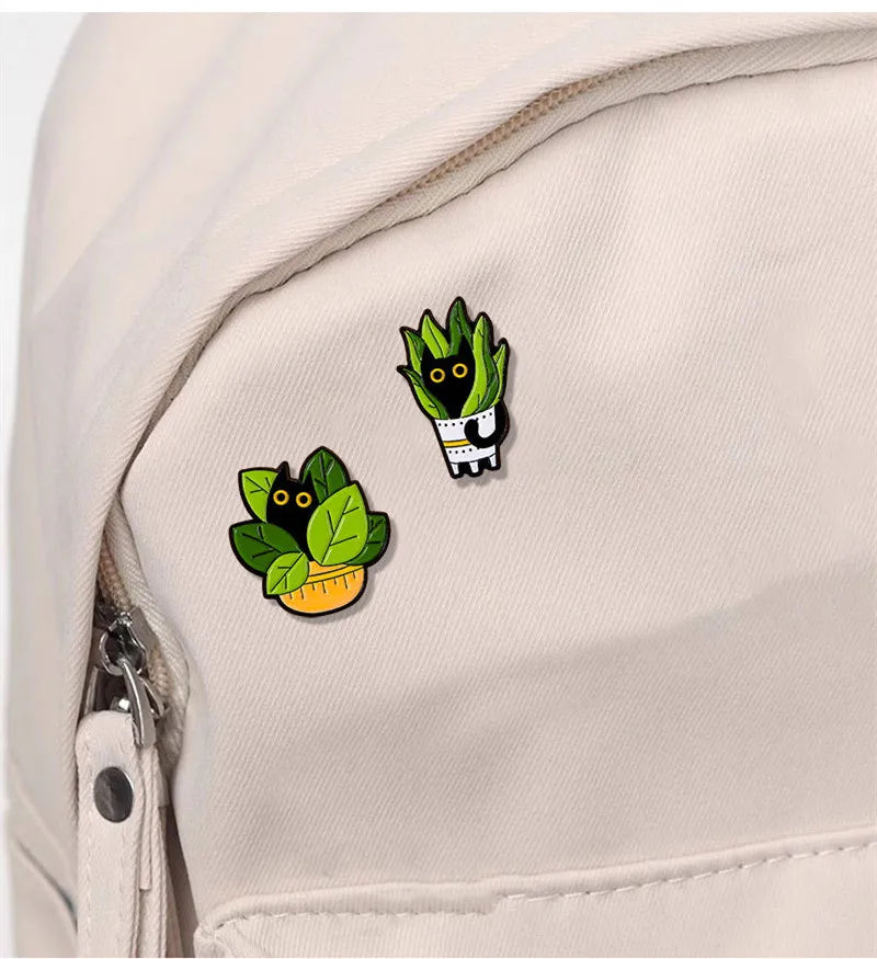 Cats in Plants Enamel Pins Metal Black Cat Potted Plant Badges Lapel Brooches Fun Animal Plant Jewelry Gift On Backpack For Kids
