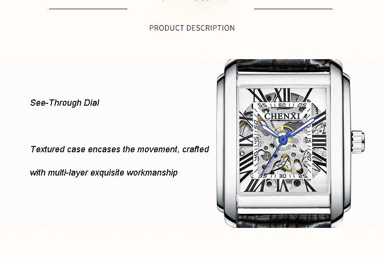 Square Skeleton Mechanical Watches for Man Luxury Business Casual Man Automatic Watch Leather Strap Gift Hand Clock for Men