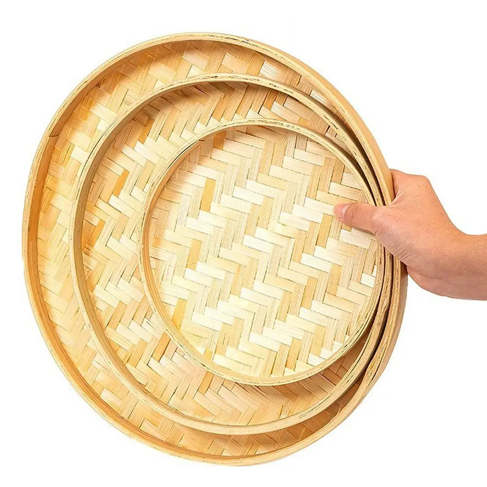 4 Size Hand-woven Bamboo Sieve Hand-painted Bamboo Raft Round Dustpan DIY Decorative Fruit Bread Basket Kitchen Storage Tray