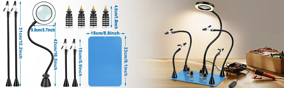 NEWACALOX PCB Fixture Clips Soldering Holder Third Hand Tool Magnetic Flexible Helping Hands with 3X LED Illuminated Magnifier