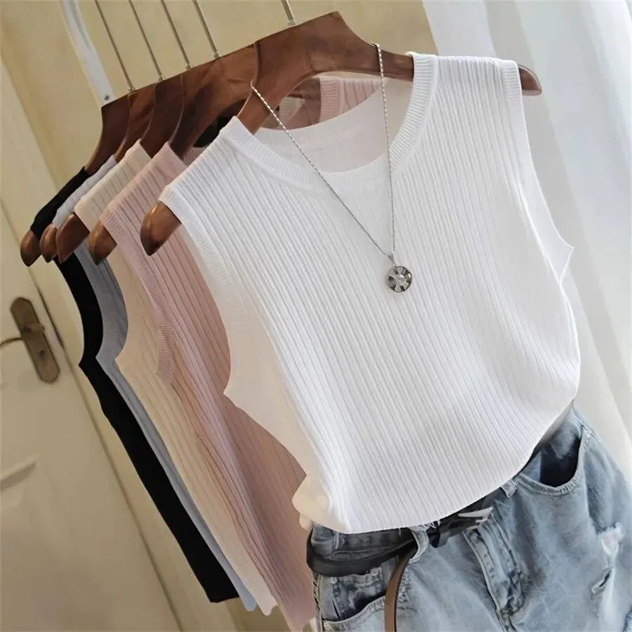 zjaiss 2026 Summer New Fashion Knitted Vests O-neck Sleeveless Casual Thin Tops Sleeveless Blouse Women Shirt