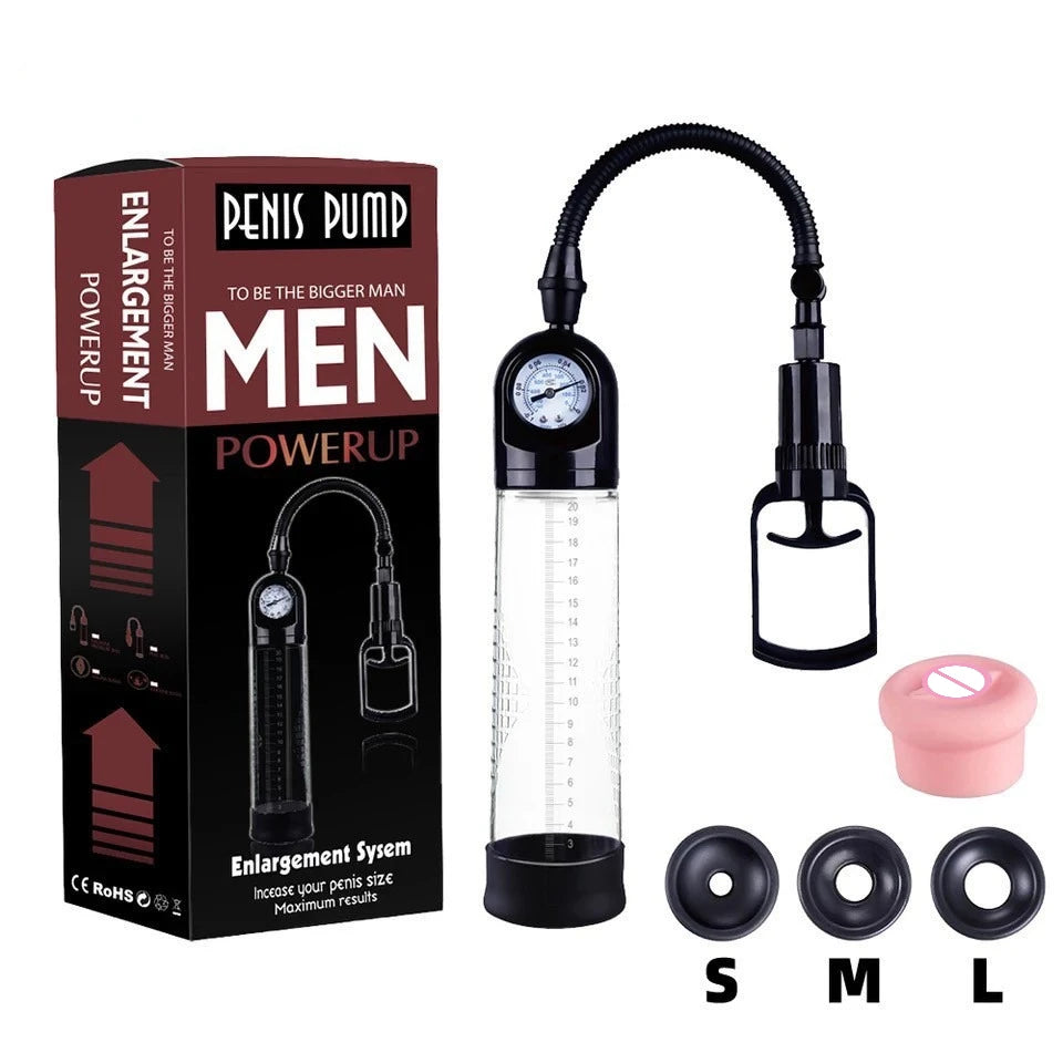 Effective Penis Pump for Men Enlargement Vacuum Dick Extender with Pressure Gauge Realistic Vaginal Sleeve 3 Silicone Inserts