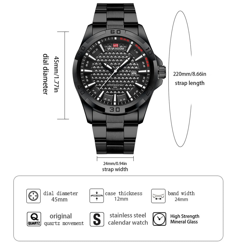 Stainless Steel Men Quartz Watch Business Fashion 45mm Calendar Clock Silver Sports 3Bar Waterproof Gift Wristatch for Men Reloj