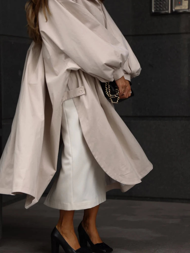 Women's Autumn Long Trench Coat Stand Collar Button Batwing Sleeves Side Slit Oversized Jacket Chic High Street Windproof Outfit