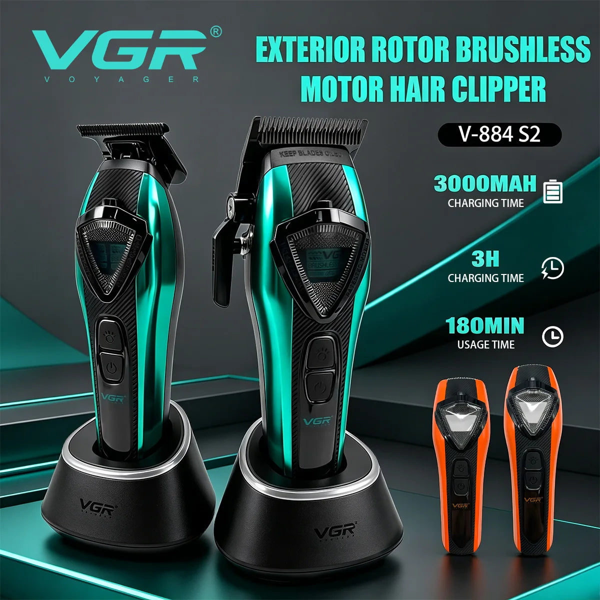 VGR Hair Clippers Adjustable Hair Trimmer External Rotor Motor Cordless Haircut Machine Digital Display Clipper for Men V-884