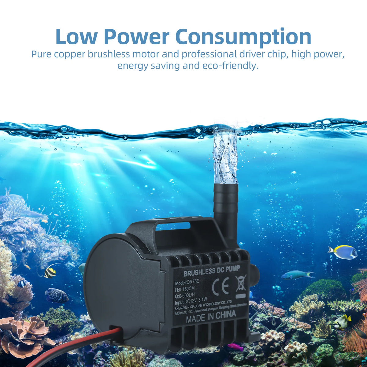 Submersible 12V Water Pump Electric 330L/H Small Fountain Pump with Max 6.5ft Lift, 1.6ft Wire and Suction Cup Base, Portable