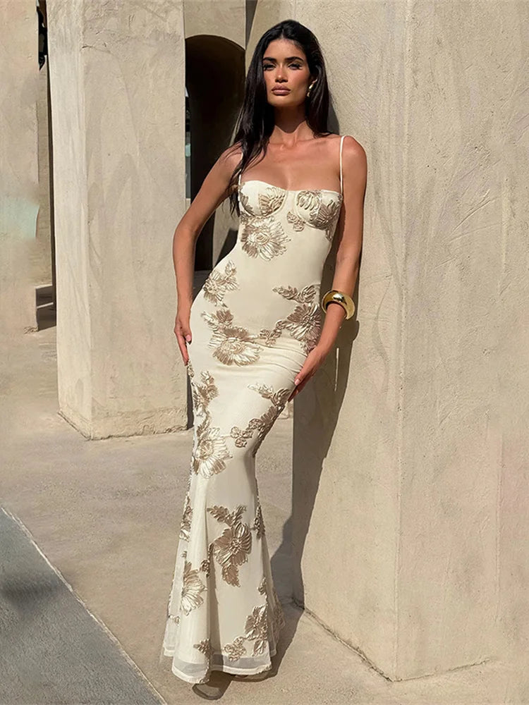 Nibber Elegant Flower Embroidery Maxi Dress Women Low-Neck Cross Bandage Backless Summer Street Trend Skinny Holiday Vestidos