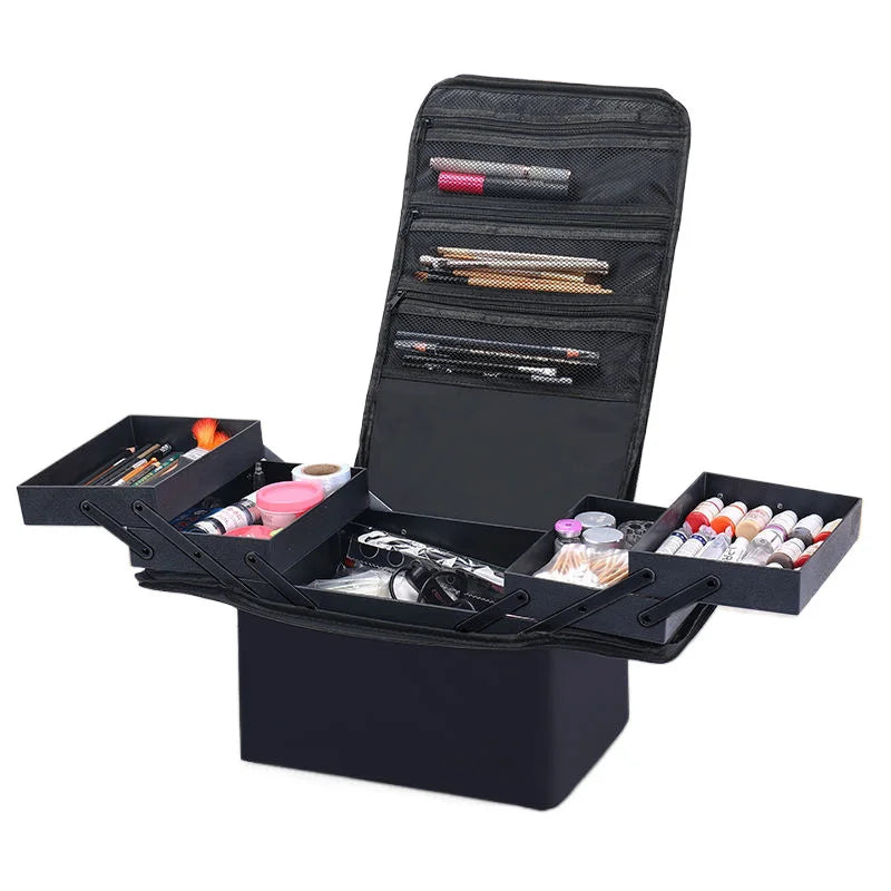 Mala de Maquilhagem de Grande Capacidade com Tabuleiros Dobráveis Multicamadas Ajustáveis, Caixa para Manicura, Organizador de Cosméticos Portátil para Unhas