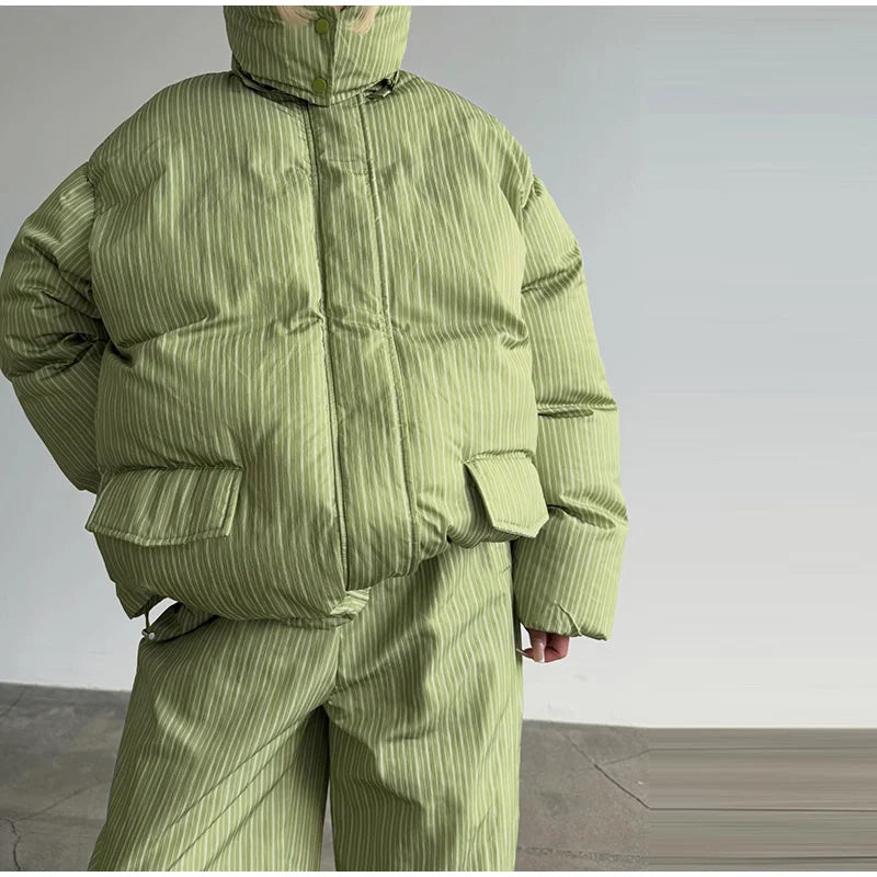 Chic Striped Hooded Puffer Coat Set Women Quilted Full Sleeve Zip Jacket Wide Leg Pants 2026 New Lady Autumn Winter Warm Outfit