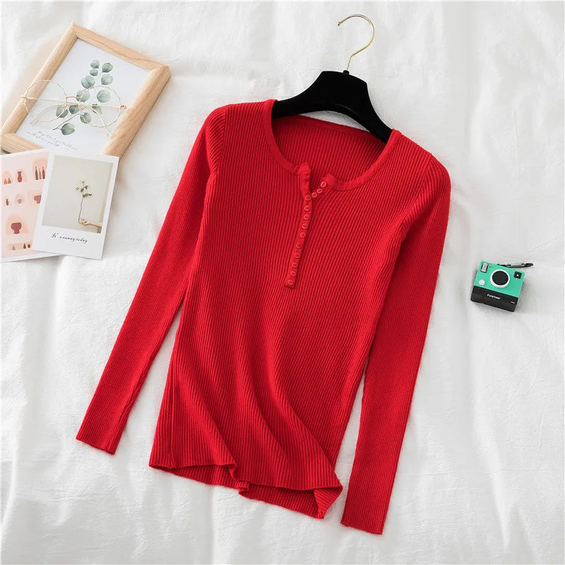 2026 Autumn Winter Button V Neck Sweater Women Basic Slim Pullover Women Sweaters And Pullovers Knit Jumper Soft Warm Tops