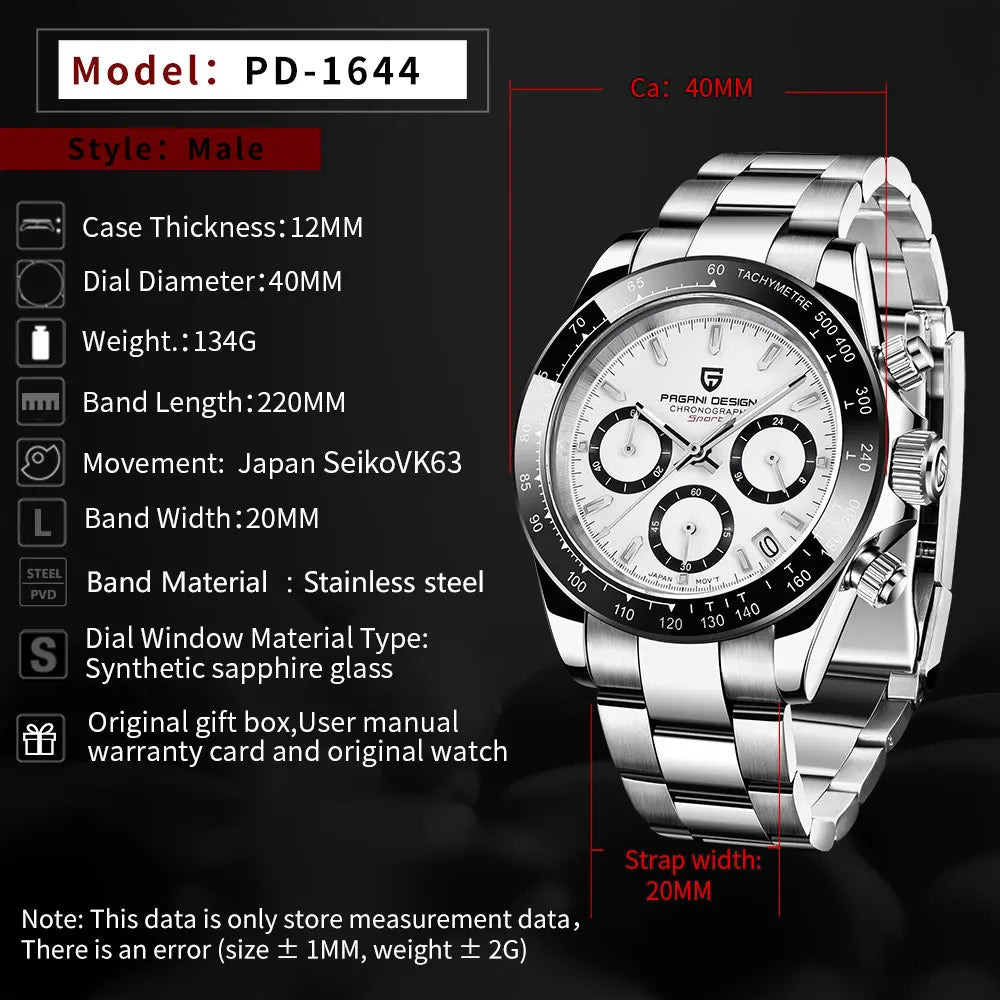 New 1644 PAGANI DESIGN 40mm Men Watch Multifunction Chronograph Sapphire Glass 100M Waterproof Quartz Watch for Men Reloj Hombre