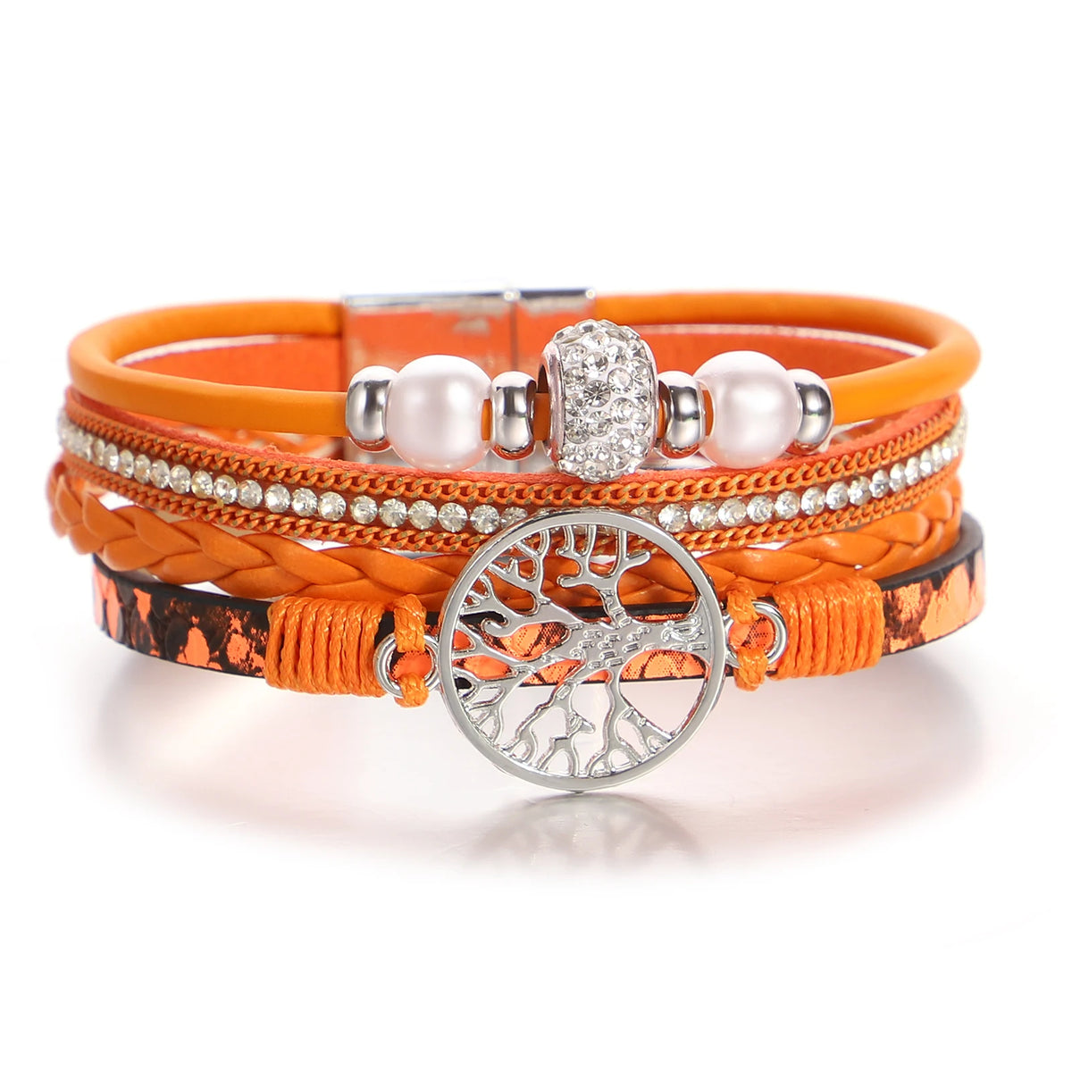 Amorcome Retro Tree of Life Orange Leather Bracelet Women Fashion Rhinestone Imitation Pearl Multi Layer Wove Bracelet Gifts
