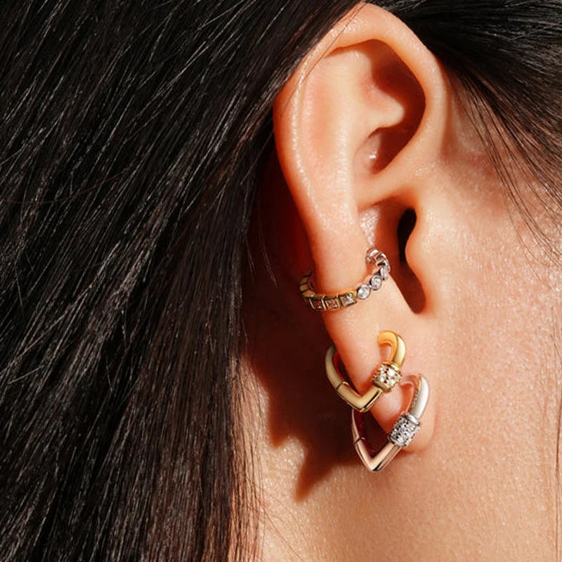 925 Sterling Silver Ear Buckle Retro Metal Heart Pendant Hoop Earrings for Women CZ Huggie Earrings Fashion Females Jewelry