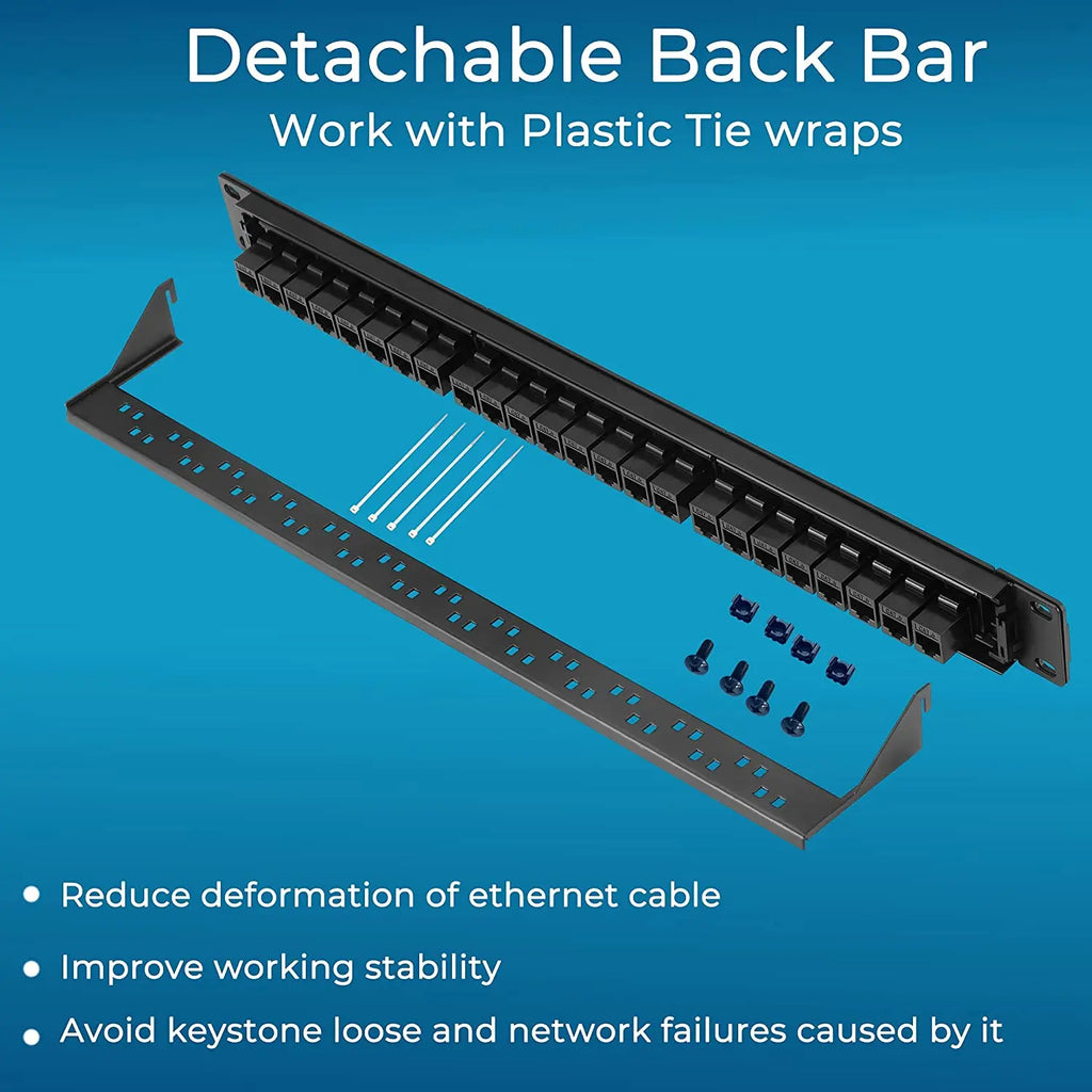 ZoeRax 24 Port Patch Panel with Cat6 Cat6A RJ45 Coupler  1U/19-Inch Patch Panel Removable Back Bar Ethernet Distribution Frame