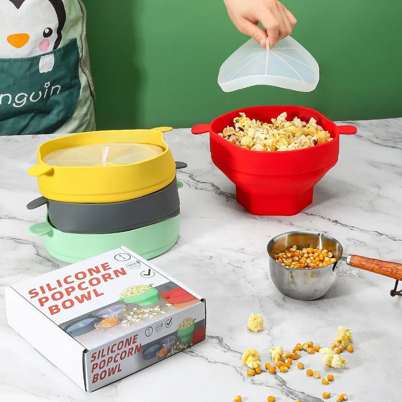 Silicone Microwave Popcorn Bowl Foldable Popcorn Maker Bucket Bowl with Lid Folding Large Capacity Popcorn Kitchen Baking Tools