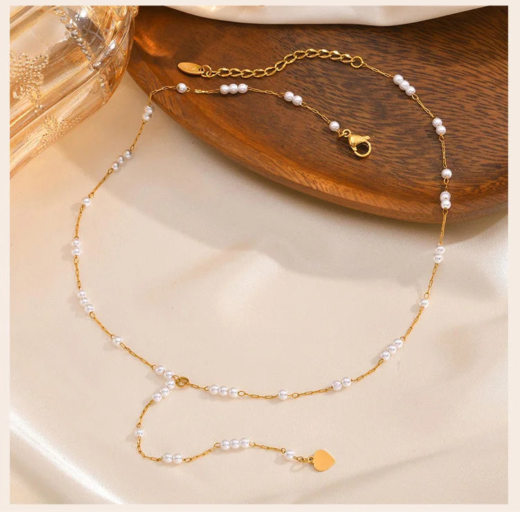 Women Pearl Long Necklace, Y Shape Pearl Drop Lariat Necklace, Waterproof Gold Plated Valentine's Day Gift