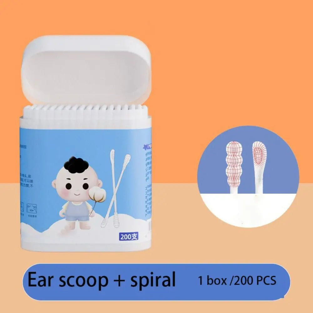 200 pcs Dual Tips Baby Cotton Swab Soft Degreasing Cotton Extra Thin Stem Sterile Cotton Buds Ear Wax Spoon Young Children