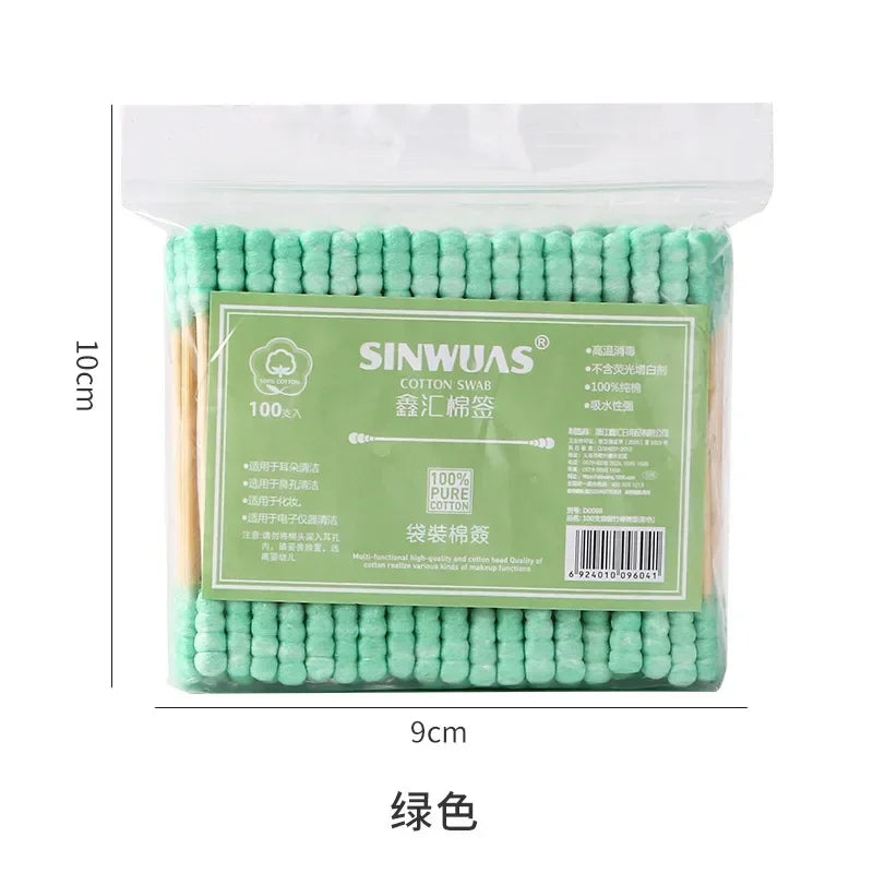 100Pcs Color Mix Double Head Bamboo Cotton Buds Adults Makeup Cotton Swab Eco Friendly Wood Sticks Nose Ears Cleaning Tools