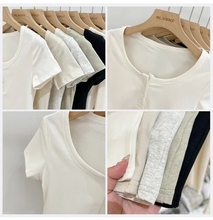 Women T Shirt Button T-Shirt Woman Clothes Tops Cotton Slim Tshirt Female Short Sleeve Top Summer Tee Sexy Canale Y2k