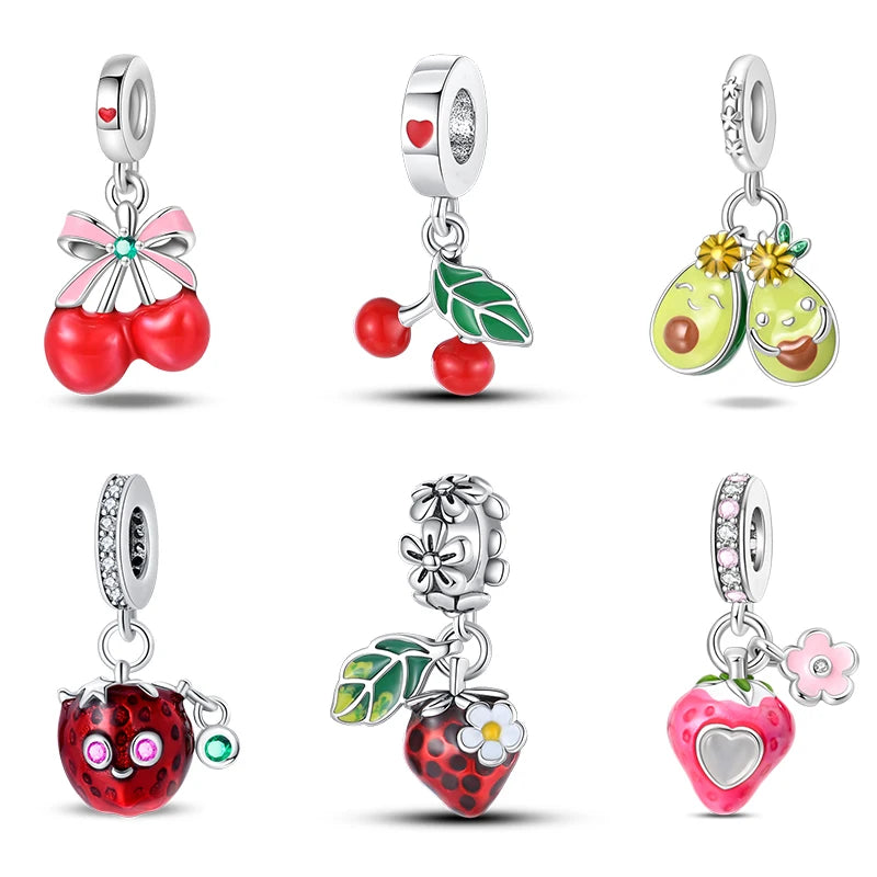 New 925 Silver Plated Strawberry Cherry Avocado Fruit Charms Beads Fit 3mm 925 Original Bracelets DIY Birthday Jewelry Gift