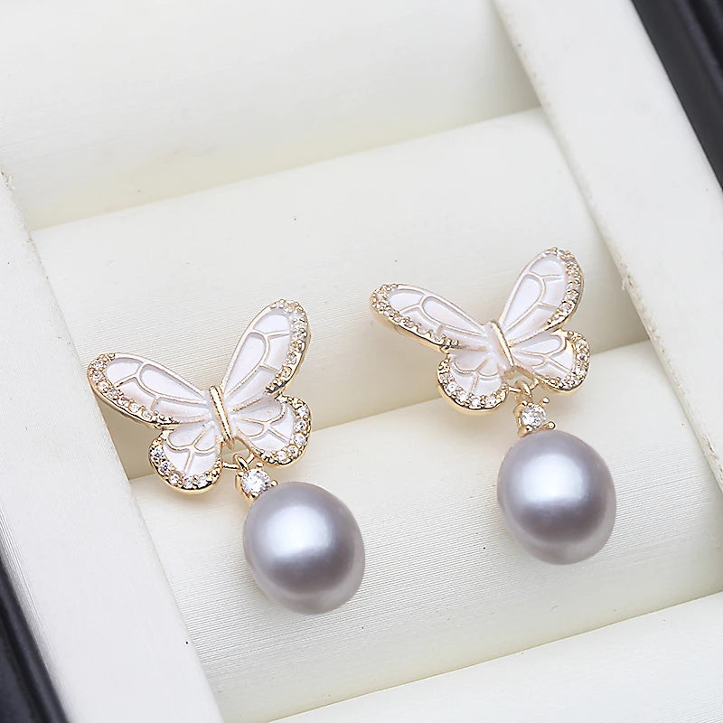 Bridal Natural Freshwater White Pearl Earrings Woman,Butterflyer Silver 925 Pearl Earring Wife Anniversary Gift  Black Wholesale