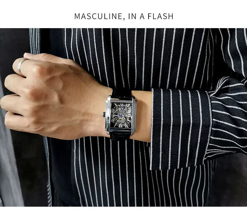 Square Skeleton Mechanical Watches for Man Luxury Business Casual Man Automatic Watch Leather Strap Gift Hand Clock for Men