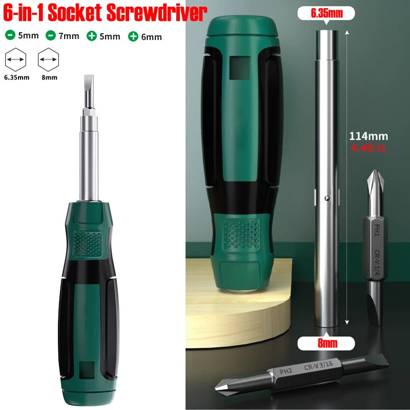 6-in-1 Outer Hexagon Socket Screwdriver Double Head Slotted Cross Nut Key Phillips Flat Driver Chrome Vanadium Steel Hand Tools