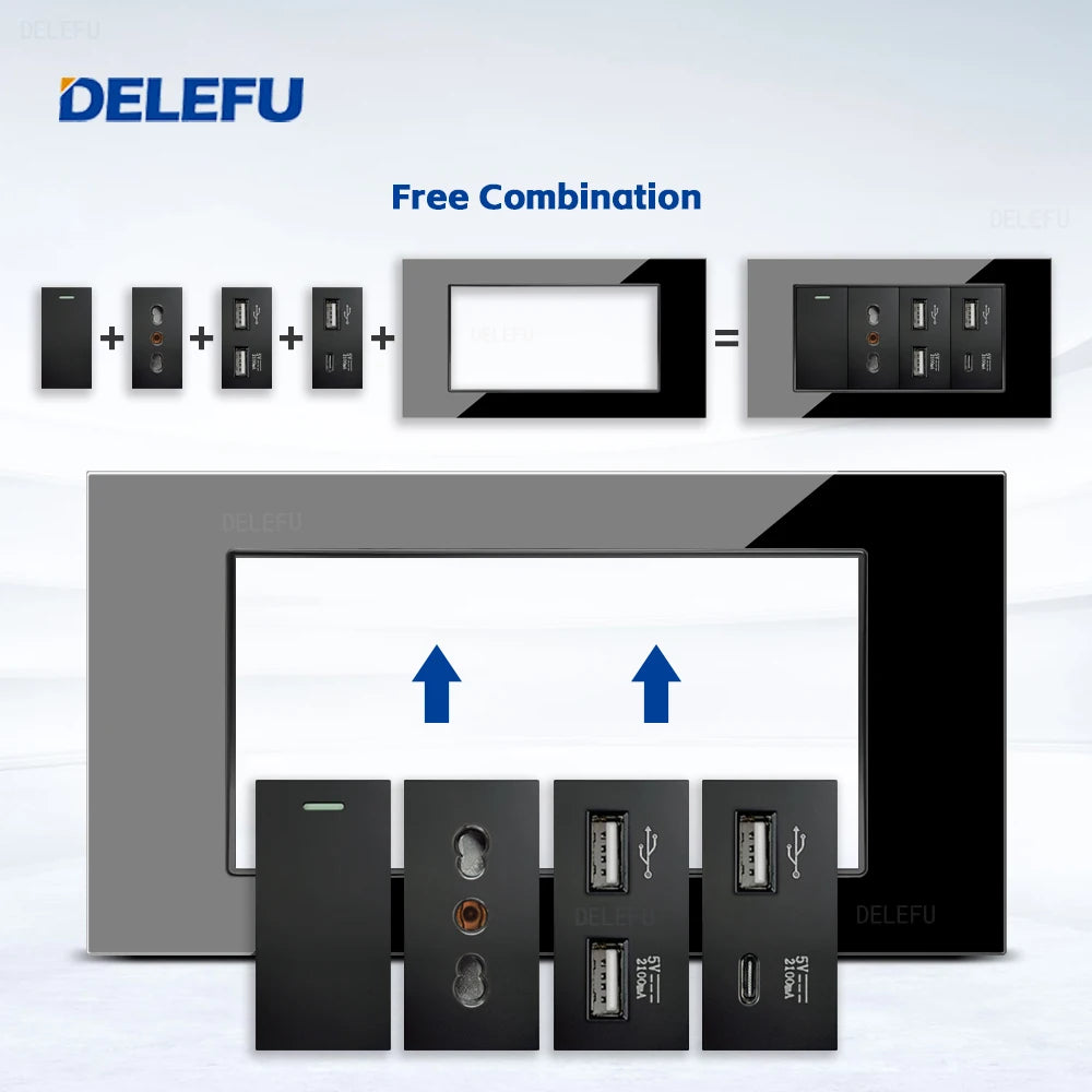 DELEFU Glass SC70 Panel 145mm Black Italian Standard USB C-type Fast Charging Wall Socket Switch TV Telephone CAT5 CAT6