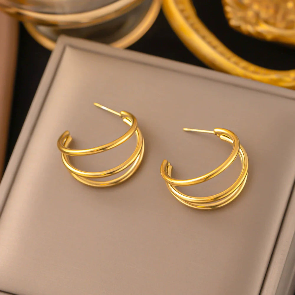 316L Stainless Steel Exaggerated Multilayer Stud Earrings For Women Fashion C Type Female Earrings Simple Girl Jewelry