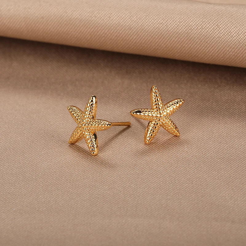 Marine Life Starfish Earrings for Women Girls Gold Color Stainless Steel Starfish Stud Earrings Summer Jewelry Seaside Gifts