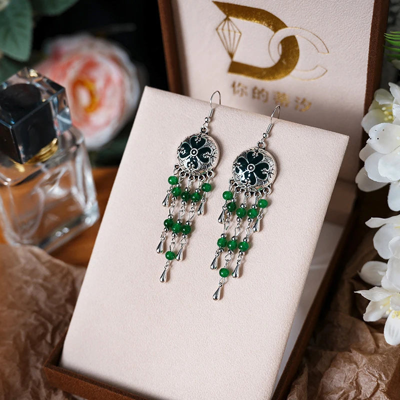 Vintage Ethnic Style Metal Tassel Water Drop Earrings for Women Round Drop Glaze Crystal Beads Handmade Earring Female Jewelry