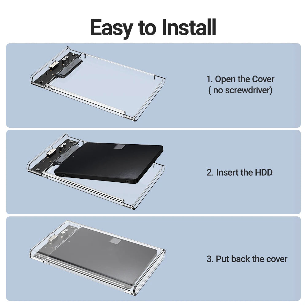 JEYI 2.5'' Tool-Free External HDD Enclosure - USB 3.0 to SATA III, Transparent Cooling, Compatible with 7mm/9.5mm SATA HDD/SSD